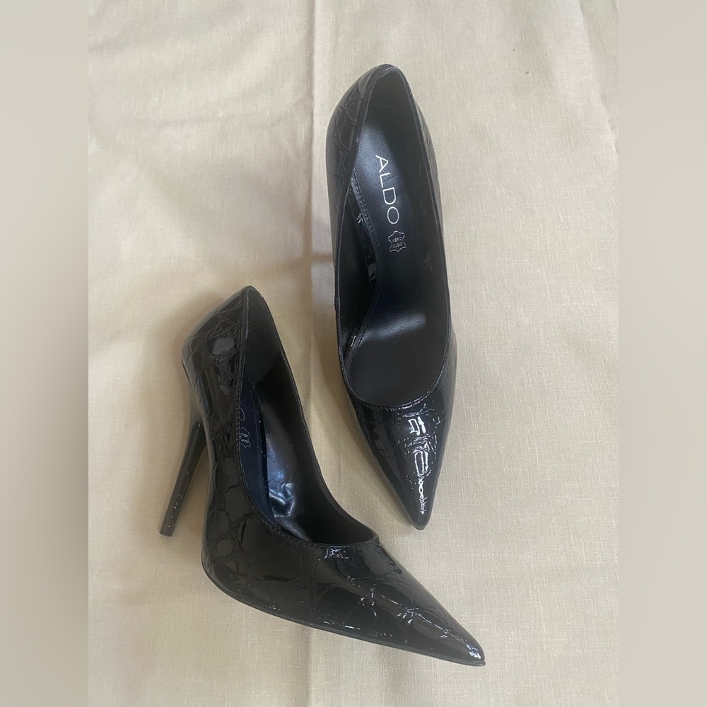 Aldo Black Croc-Embossed Patent Pointed-Toe Stiletto Pumps